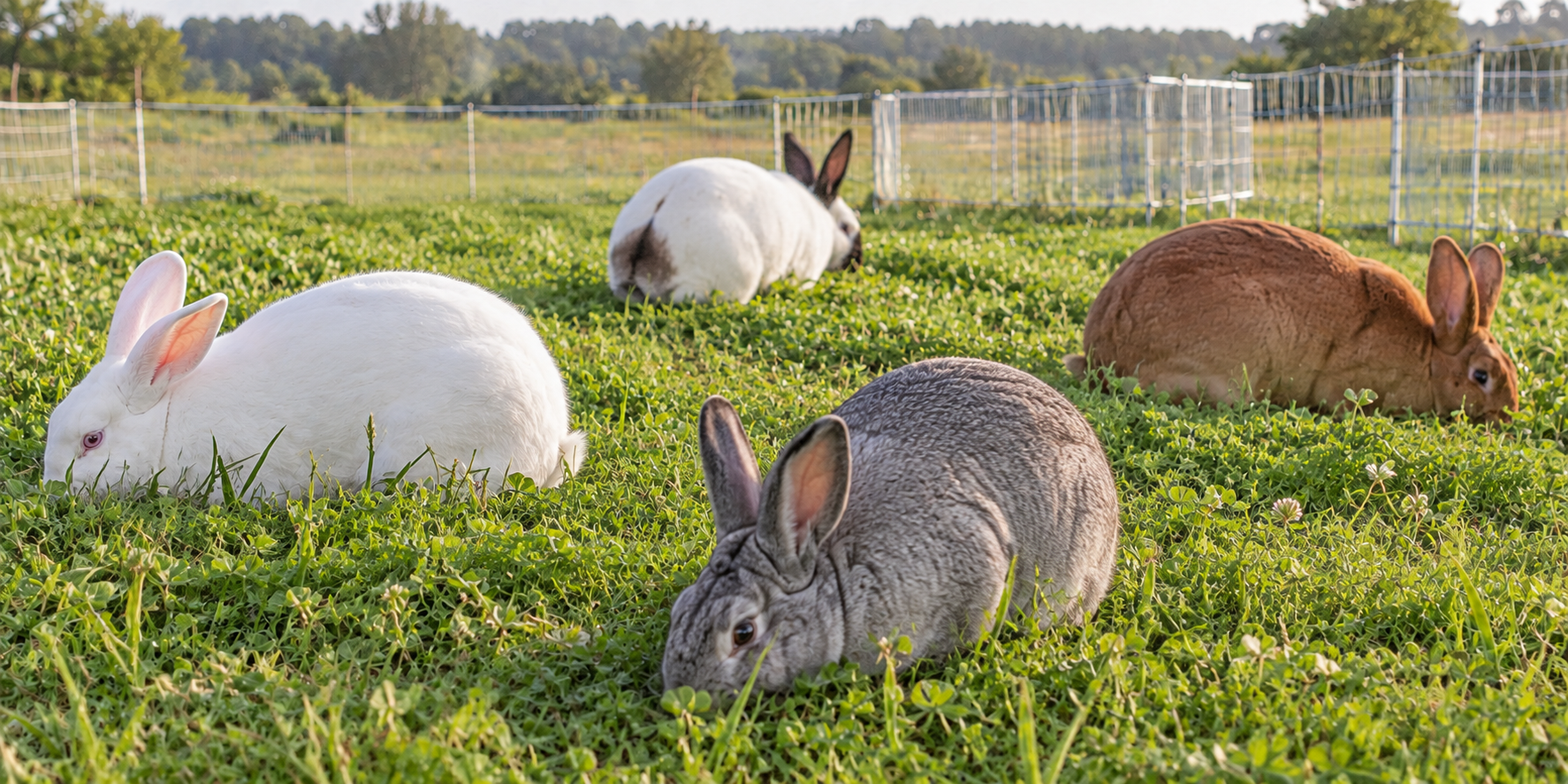 Commercial meat rabbits grazing in different directions on pasture