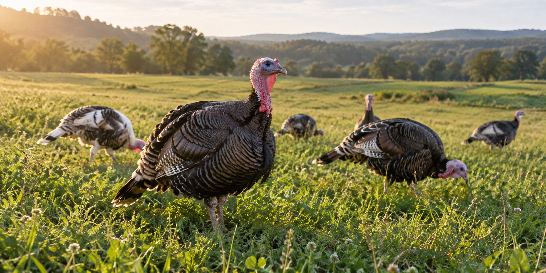 Domestic turkeys foraging on open pasture