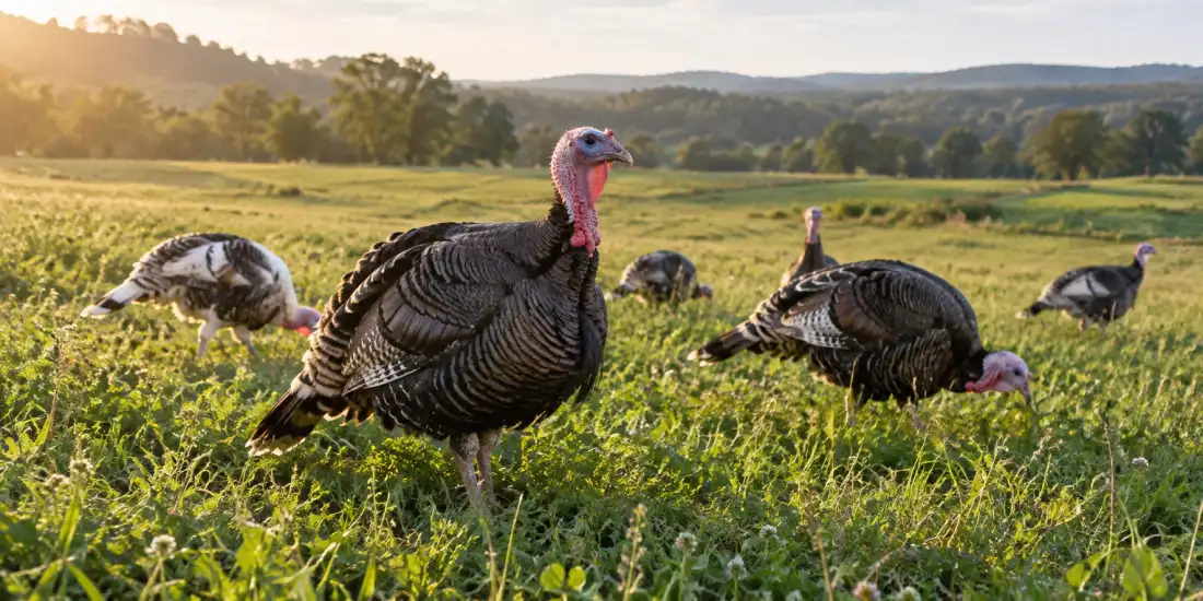Domestic turkeys foraging on open pasture